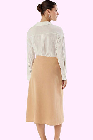 Kadın Günlük Casual Keten Görünümlü Dokuma Maxi Etek Yandan Bağcıklı Yaz Dayanıklı Malzeme