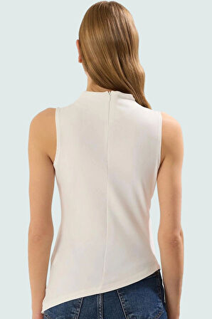 Paper Touch Örme Bluz Renk Asimetrik Kesim Dik Yaka Rahat Kullanım Seçkin Malzeme