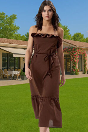 A line Maxi Pamuk Plaj Elbisesi Kare Yaka Volanlı Detaylı Yazlık Trend Tasarım Premium Kalite