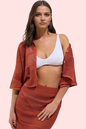 Kadın Triko Kumaş Uzun Kollu Kiremit Plaj Gömleği Yazlık Model Günlük Kullanım Özel Günler