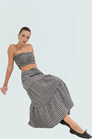 Ekoseli Pamuklu Yazlık Crop Bluz Etek Takım Dokuma Kumaş Rahat Kalıp Kullanım