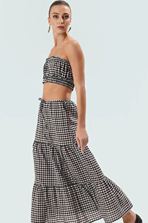 Ekoseli Pamuklu Yazlık Crop Bluz Etek Takım Dokuma Kumaş Rahat Kalıp Kullanım