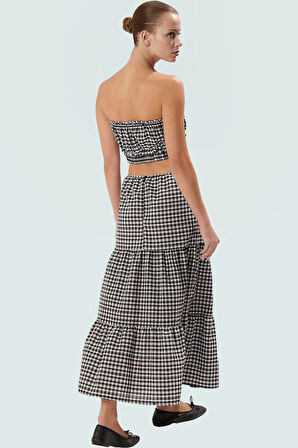 Ekoseli Pamuklu Yazlık Crop Bluz Etek Takım Dokuma Kumaş Rahat Kalıp Kullanım