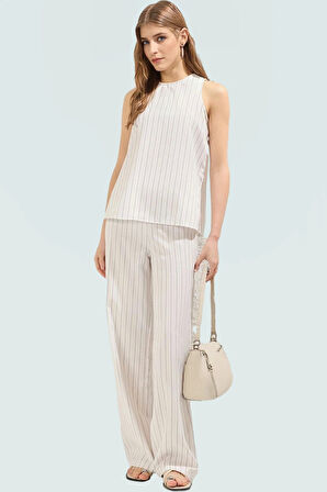 Rahat ve Şık Çizgili Keten Görünümlü İkili Takım Kaliteli İşçilik Profesyonel Görünüm