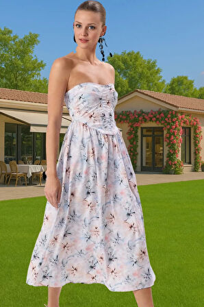 Midi Boy Poplin Abiye Elbise Çiçek Desenli Straplez Astarlı Şık Görünüm Premium Kalite Trend Tasarım