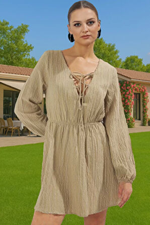 Yazlık Mini Keten Karışımlı Bağlamalı Plaj Elbisesi Rahat Kesim Premium Kalite Mükemmel Uyum