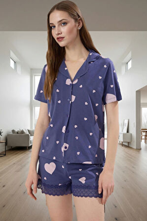 Pamuklu Örme Pijama Takımı Kalpli Desen Kısa Kollu Gömlek Yaka Şık Görünüm Özenle Seçilmiş
