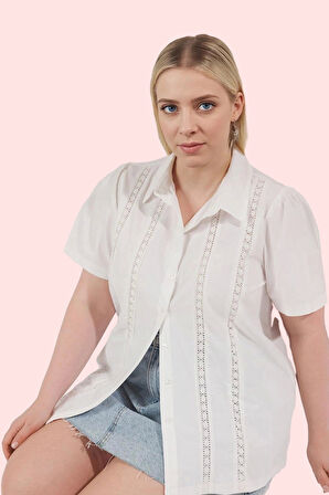 Kadın Kısa Kollu Dokuma Gömlek Brode Detaylı Rahat Kalıp Yazlık Yaz Aylarının Vazgeçilmezi