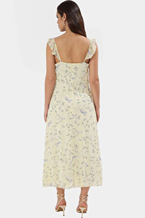 A Line Kolsuz Midi Elbise Çiçek Desenli Şifon Dokuma Yazlık Kaliteli İşçilik