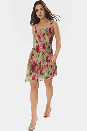 Çok Soyut Desenli Şifon Mini Elbise A Kesim Kolsuz Rahat Mükemmel Uyum Konforlu