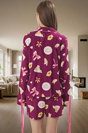 Rahat ve Şık Kadın Pijama Takımı Viskoz Şortlu Uzun Kollu Kullanım Ömürlü