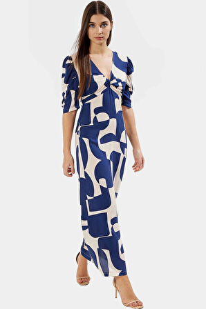 A Line Kesim Kısa Kollu Viskoz Desenli Midi Elbise Seçkin Malzeme Modern Stil