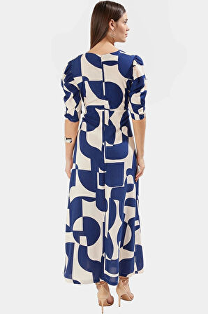 A Line Kesim Kısa Kollu Viskoz Desenli Midi Elbise Seçkin Malzeme Modern Stil
