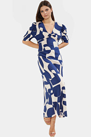 A Line Kesim Kısa Kollu Viskoz Desenli Midi Elbise Seçkin Malzeme Modern Stil