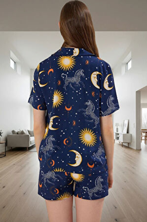 Yazlık Pijama Takımı Viskon Shally Dokuma Galaksi Desenli Rahat Kalıp Zarifane Tasarım