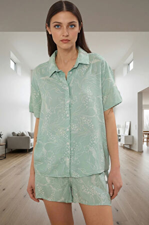 Hayvan Desenli Viskoz Pijama Takımı Shally Kumaş Regular Kalıp Yazlık Zarifane Tasarım