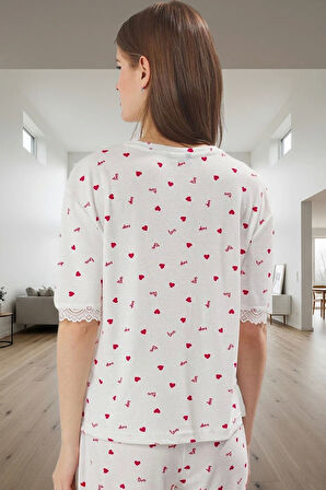 Rahat Pijama Takımı Kalp Desenli Örme Kumaş Dantel Detay Yazlık Uzun Ömürlü Mükemmel Uyum