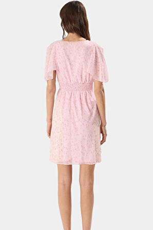 Yazlık Şifon Mini Elbise V Yaka Melek Kol Skater Kalıp Çiçek Desenli Zarifane Tasarım