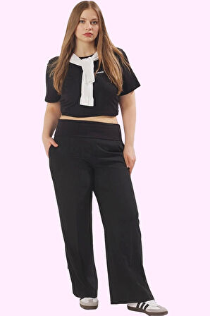 Kadın Relaxed Poliviskon Dokuma Pantolon Yüksek Bel Geniş Paça Günlük Ve İş Hayatı İçin Hafta Sonu