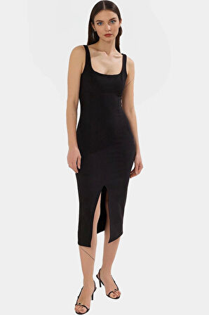 Vücudu Saran Yazlık Midi Elbise Dokuma Kumaş Kolsuz Smart Tasarım Şık Görünüm