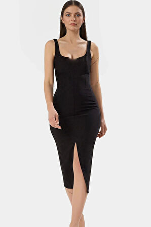 Vücudu Saran Yazlık Midi Elbise Dokuma Kumaş Kolsuz Smart Tasarım Şık Görünüm