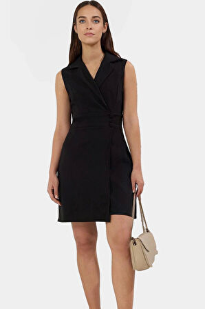 İş İçin Uygun Mini Elbise Polyester Dokuma Ceket Yaka Kolsuz Profesyonel Görünüm