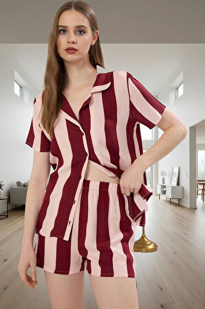 Rahat Viskoz Pijama Takımı Çizgili Shally Dokuma Yazlık Modern Stil Dayanıklı Malzeme