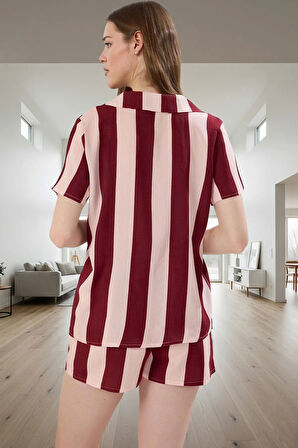 Rahat Viskoz Pijama Takımı Çizgili Shally Dokuma Yazlık Modern Stil Dayanıklı Malzeme