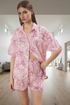 100%Viskon Regular Kalıp Çiçek Desenli Kısa Kollu Pijama Takımı Trend Tasarım