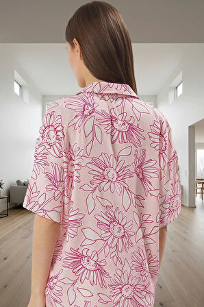 100%Viskon Regular Kalıp Çiçek Desenli Kısa Kollu Pijama Takımı Trend Tasarım