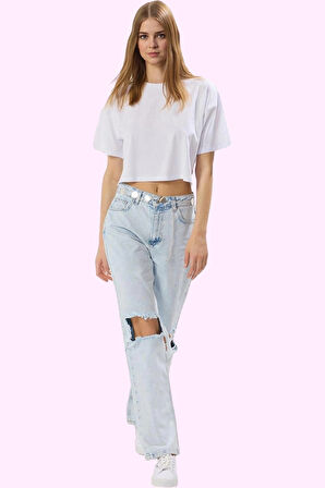 Kadın Pamuk Denim Geniş Paça Uzun Boy Jean Pantolon; Yırtık Detaylı; Günlük Kullanım Hafta Sonu