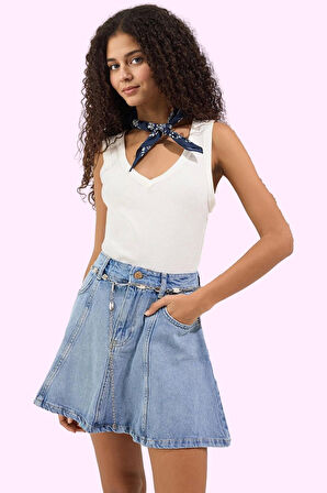 Kadın Pamuklu Denim Mini Etek; Yazlık Fırfırlı A line Yüksek Bel Yaz Aylarının Vazgeçilmezi