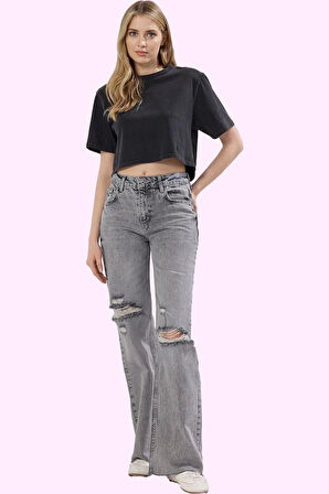 Kadın Pamuk Denim Jean Yırtık Detaylı Geniş Paça Günlük Kullanım Yaz Aylarının Vazgeçilmezi