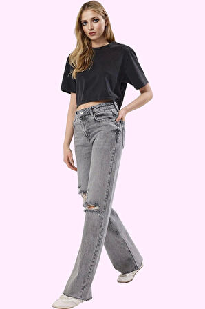 Kadın Pamuk Denim Jean Yırtık Detaylı Geniş Paça Günlük Kullanım Yaz Aylarının Vazgeçilmezi