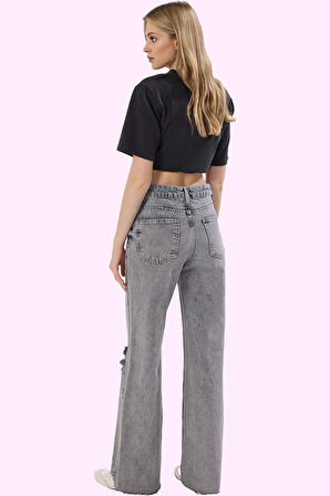 Kadın Pamuk Denim Jean Yırtık Detaylı Geniş Paça Günlük Kullanım Yaz Aylarının Vazgeçilmezi