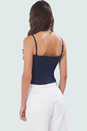 İnce Askılı Denim Crop Bluz Fitted Kalıp Kalp Yaka Stretch Yazlık Şık Görünüm Özel Tasarım
