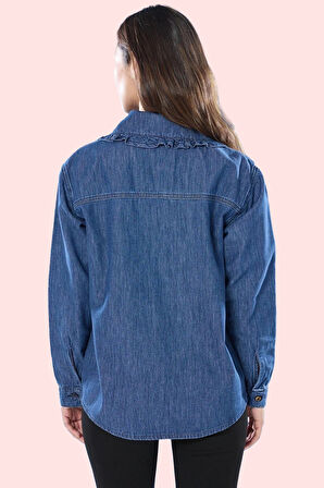 Kadın Pamuk Denim Gömlek Bebe Yaka Bağlama Detaylı Günlük Stil Hafta Sonu Kaliteli Malzeme