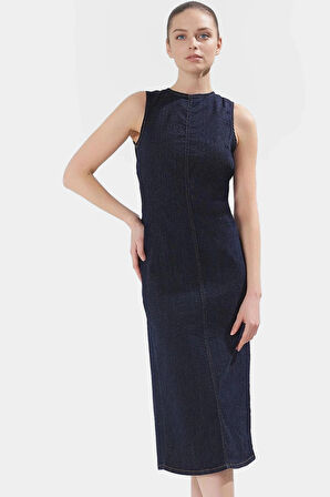 98 Pamuk Denim Midi Elbise Sırt Dekolteli Rahat Kalıp Günlük Kullanım