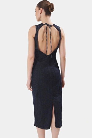 98 Pamuk Denim Midi Elbise Sırt Dekolteli Rahat Kalıp Günlük Kullanım