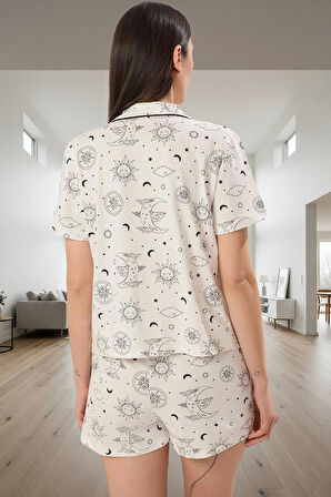 Pamuklu Biyeli Pijama Takımı Galaksi Desenli Rahat Kalıp Günlük Kullanım İçin