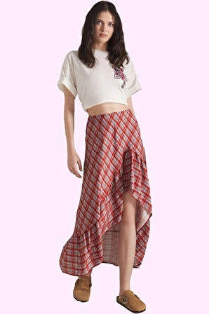 Kadın Yazlık Midi Etek Ekose Desen Shally Dokuma Asimetrik Günlük Stil Yaz Aylarının Vazgeçilmezi