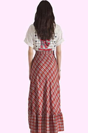 Kadın Yazlık Midi Etek Ekose Desen Shally Dokuma Asimetrik Günlük Stil Yaz Aylarının Vazgeçilmezi