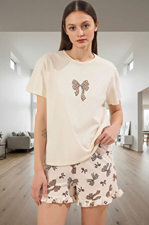 Leopar Fiyonklu Pamuklu Şortlu Pijama Takımı Yazlık Rahat Ev Giyim Seçkin Malzeme