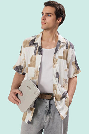 Erkek Yazlık Bürümcük Dokuma Çizgili Gömlek Apaş Yaka Kısa Kollu Rahat Kalıp Günlük Kullanım