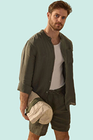 Erkek Keten Uzun Kollu Gömlek Oversize Fit Hakim Yaka Rahat Günlük Yaz Aylarının Vazgeçilmezi