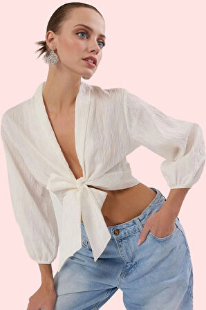 Kadın V Yaka Çizgili Dokuma Crop Gömlek Rahat Günlük Kullanım Hafta Sonu Dayanıklı Malzeme