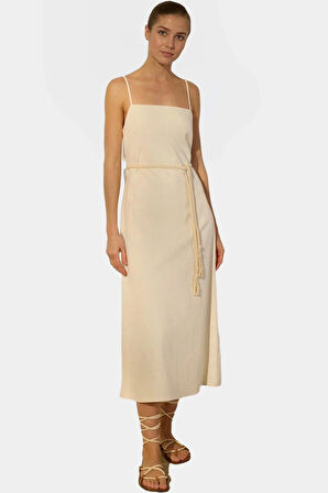 Rahat ve Şık Pamuklu Keten Midi Elbise A line Kesim Kolsuz Yazlık