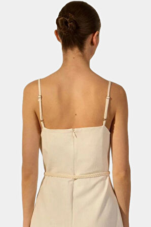 Rahat ve Şık Pamuklu Keten Midi Elbise A line Kesim Kolsuz Yazlık