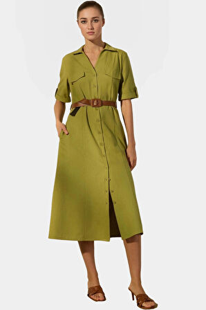 Keten Karışımlı Midi Gömlek Elbise Cepli Kemerli Rahat Kalıp Konforlu Kesim