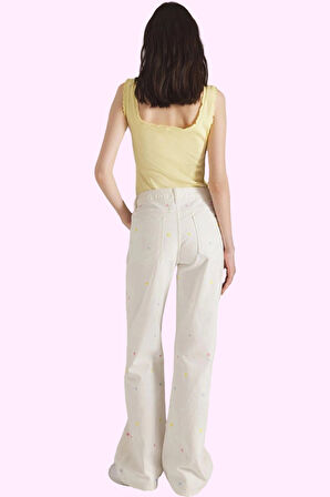 Kadın Pamuk Denim Wide Leg Pantolon Nakışlı Desen Günlük Kullanım Yaz Aylarının Vazgeçilmezi